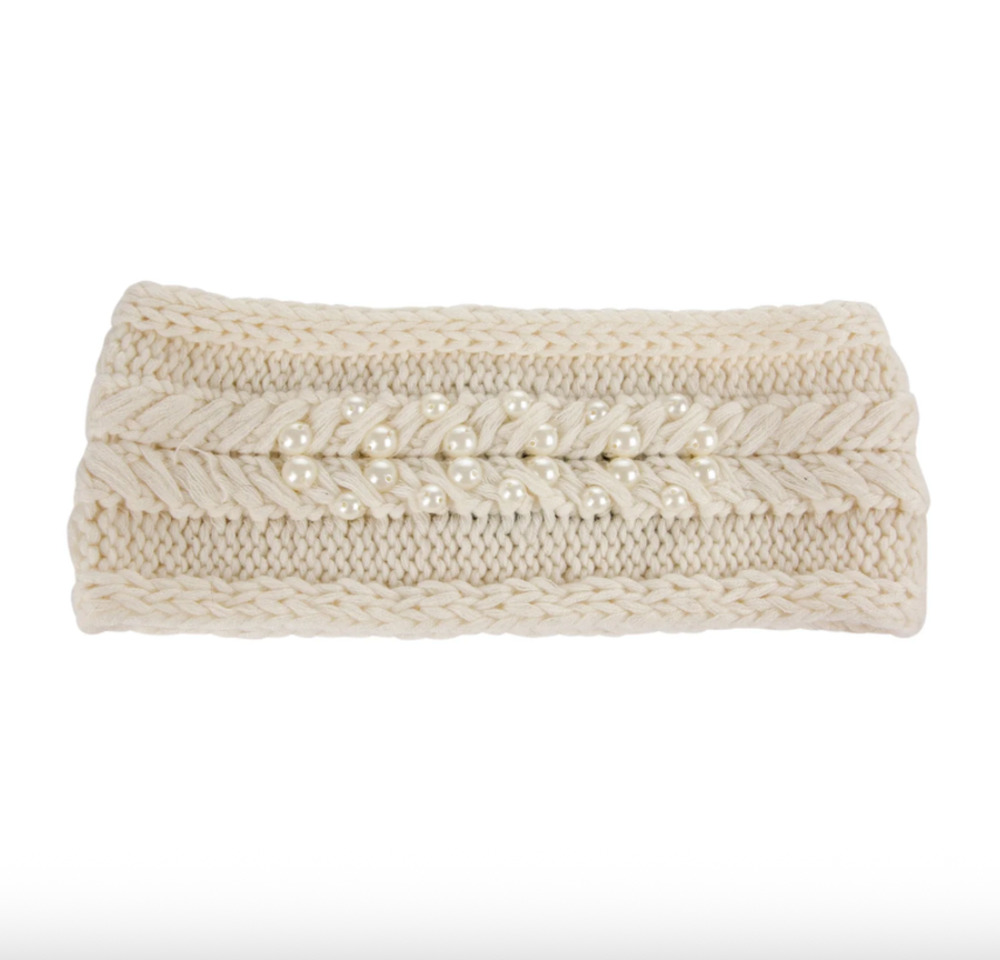 Elegant Badgley Mischka Knit Ivory Faux Pearl Crochet Headband in Winter White